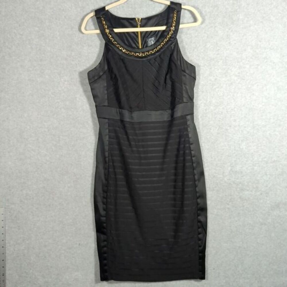 JAX Black Satin Gauze Elegant Mini Dress Slimming Gold Chain And Zipper 10 90s